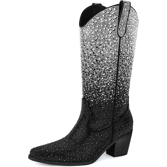 ⚡Women’s Black Rhinestone Cowboy Boots Mid Calf Pointed Toe Sparkly Block Heel - Picture 1 of 6